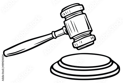 Judge's Gavel and Sounding Block in a Simple Black and White Illustration of Justice