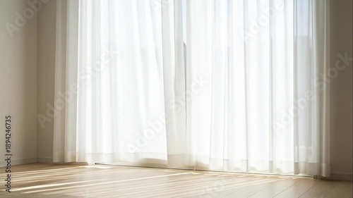 Bright and empty room with sheer white curtains allowing soft daylight to enter, isolated white background.