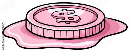 Pink dollar coin melting into a liquid puddle symbolizing financial loss and devaluation