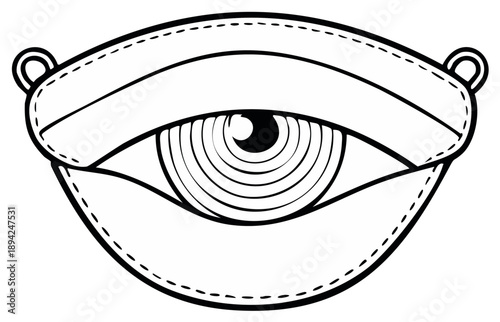 Single eye inside stylized mask illustration. Conceptual vision, insight and protection drawing, minimalistic black and white.