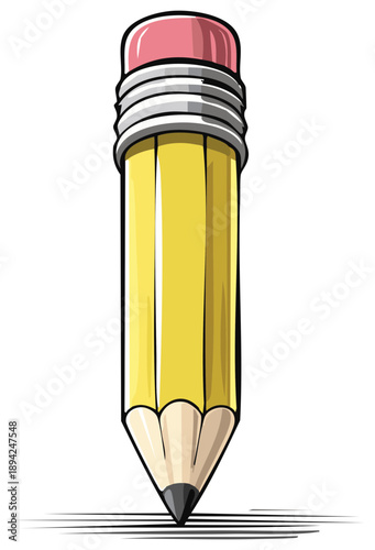 Yellow pencil with pink eraser and sharpened graphite tip creating lines on white