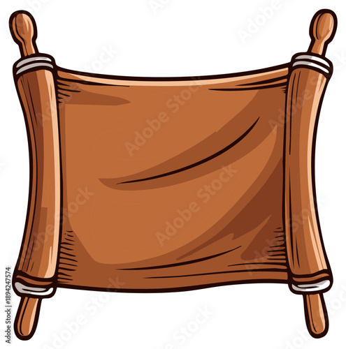 Vintage scroll parchment or paper isolated on white background with wooden handles, concept of ancient document.