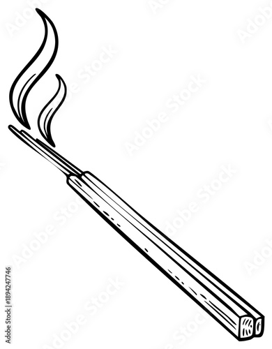 Incense stick burns with smoke and fragrance in calming aroma therapy meditation, black and white line art design