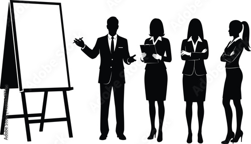 Business team silhouette, presentation easel, corporate meeting, professional discussion, formal attire, teamwork concept, black outline, office illustration