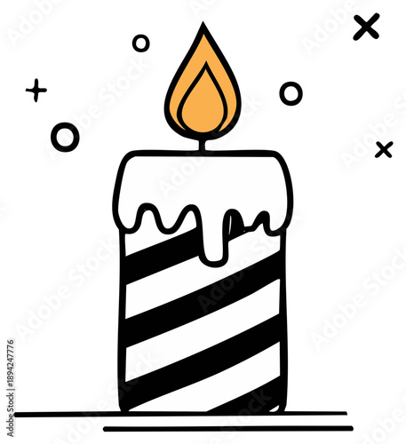 Festive striped candle with dripping wax and a warm glowing flame