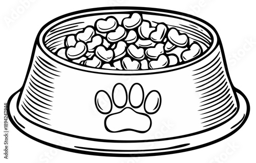 Heart-shaped pet food filling a patterned bowl with a paw print decal