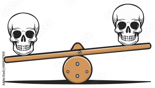 Two Skulls Balanced on a Wooden Seesaw Illustrating Equilibrium and Equality