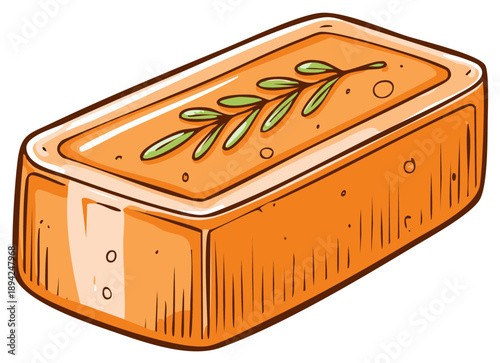 Orange soap bar decorated with a plant, skincare item hand drawn illustration, hygiene object, spa treatment