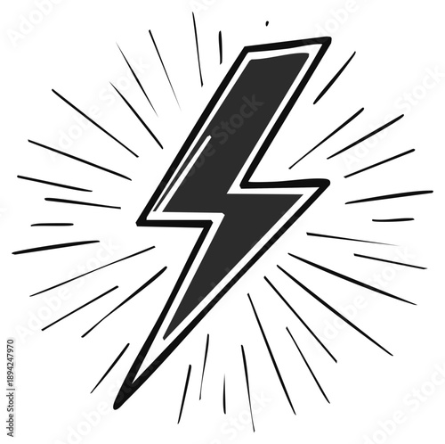Bold Black Lightning Bolt Icon with Radiant Starburst Rays