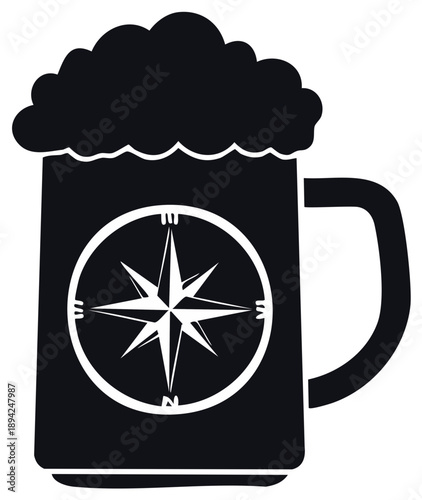 Stylized Beer Mug with Foamy Head and Compass Rose Icon Graphic