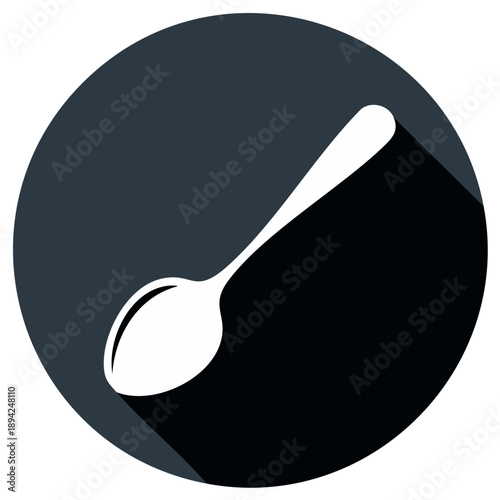 Clean white spoon icon with long shadow on dark circular background minimalist design