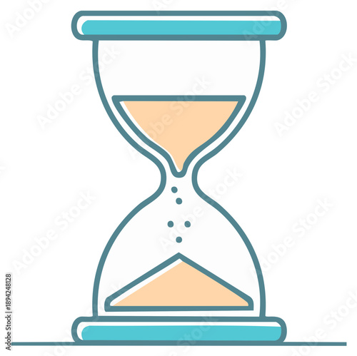 Stylized hourglass vector illustration showing sand falling, symbolizing time passing and urgency.