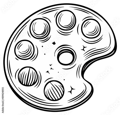 Artist's Wood Palette with Circular Paint Wells and Thumb Hole, Line Art Drawing