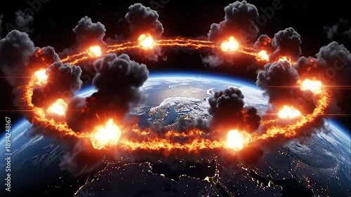 Earth experiencing a global catastrophe with fiery explosions and impacts from outer space