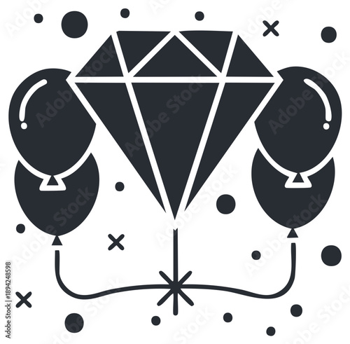 Monochrome vector icon featuring a large faceted diamond, party balloons, and festive confetti elements.