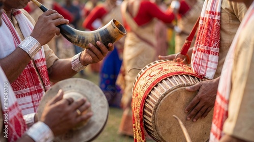 Close up of musicians in traditional attire playing indigenous musical instruments like a hornpipe a dhol drum and cymbals during a vibrant cultural festival performance outdoors