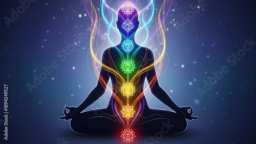 Person meditating in lotus position with glowing colorful chakras against a cosmic dark background