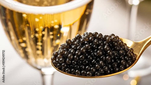 Close-up of exquisite black caviar on a golden spoon with a blurred champagne glass in the background