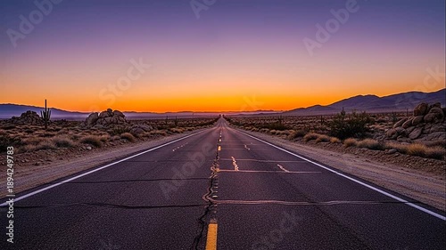 Long straight empty desert road stretching into the distance at a beautiful sunset with mountains and clear sky