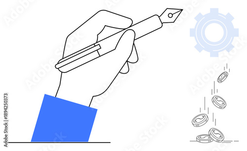 Business automation, financial management, creativity, technology, innovation, economic growth. A hand holding a fountain pen next to a gear and coins. Business automation and financial management