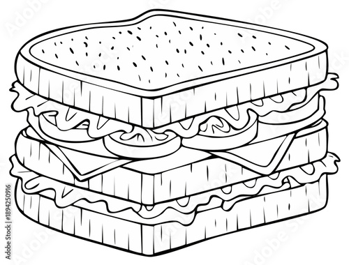 Black and white line drawing illustration of a detailed three layer sandwich with cheese tomato and lettuce fillings ready to eat