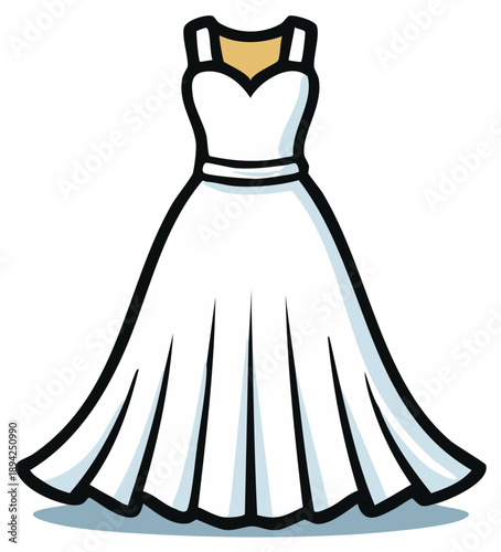 Stylized white wedding dress with sweetheart neckline and full skirt