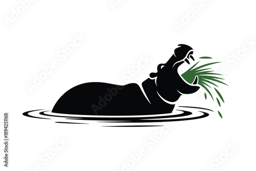 Stylized Hippo in Water with Open Mouth and Green Splash, wildlife concept with copy space