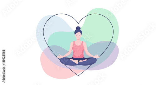 Woman meditating in a heart-shaped frame, surrounded by soft valentine colors, representing love and serenity, illustration of peaceful yoga practice