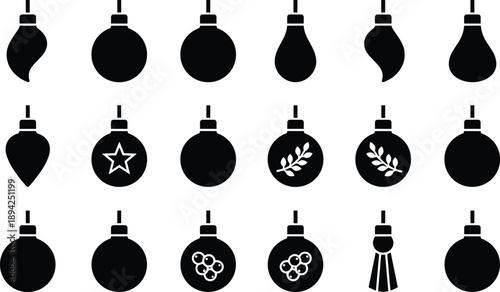 Christmas ornament silhouette icon set featuring hanging baubles, decorative balls, festive holiday shapes for winter vector design collection
