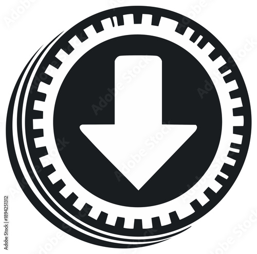 Black and white download arrow icon inside a circular gear cog design for digital data transfer concept