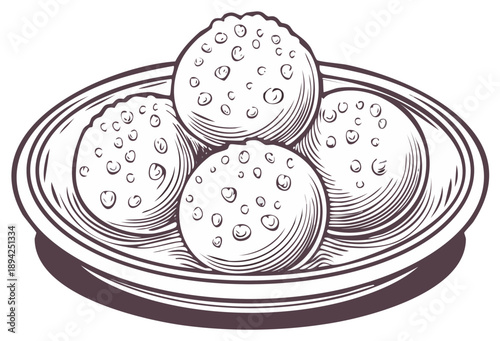 A plate of four round textured traditional food items or sweet dumplings in a detailed black and white engraving style