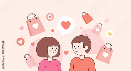 Couple Sharing Valentine Moments Surrounded by Hearts and Gifts in a Joyful Illustration