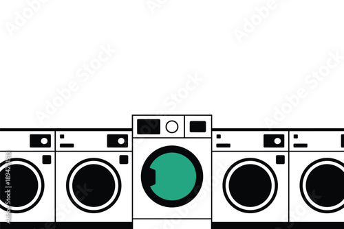Row of Washing Machines with a Distinct Green Door, choice and difference concept with copy space