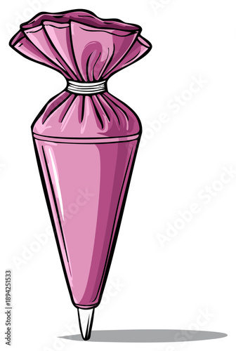Cartoon illustration of a pink icing piping bag with a tied top, perfect for baking and desserts.