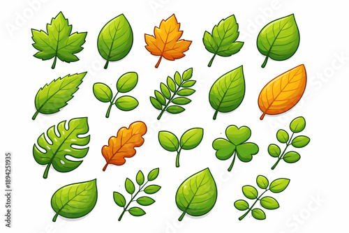 Diverse cartoon leaves collection: green and orange foliage