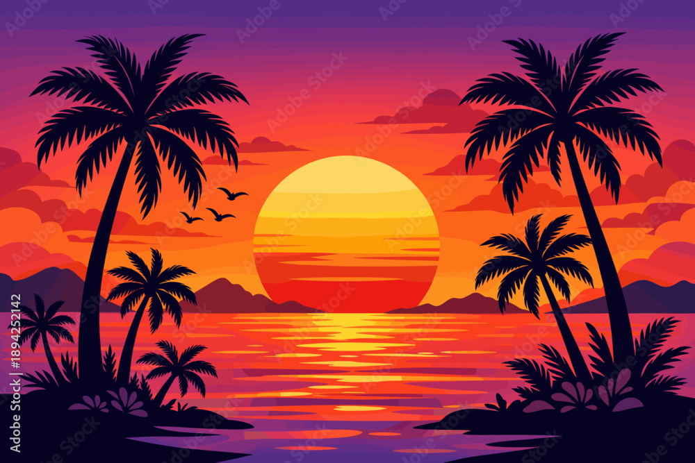 Fototapeta premium Tropical sunset ocean scene with palm trees silhouette and colorful sky