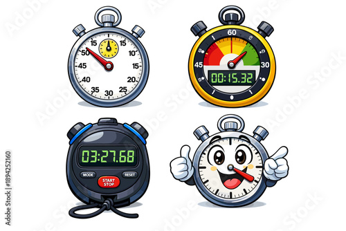 Cartoon stopwatch designs with diverse faces and functions