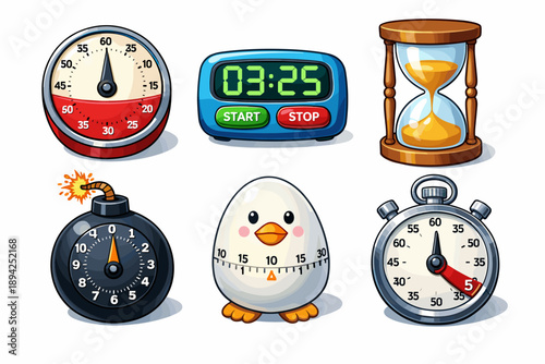 Various cartoon timers and clocks including stopwatch, egg timer, and hourglass