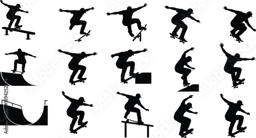 skateboarder silhouettes, skateboarding tricks, extreme sport action, urban street culture, black vector icons, skater jump poses, dynamic motion