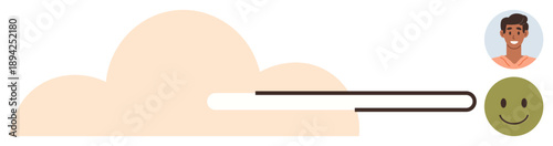 Customer satisfaction, user experience, feedback assessment, progress tracking, online reviews, emotional analytics. Progress bar connecting avatar and happy within cloud environment. Customer