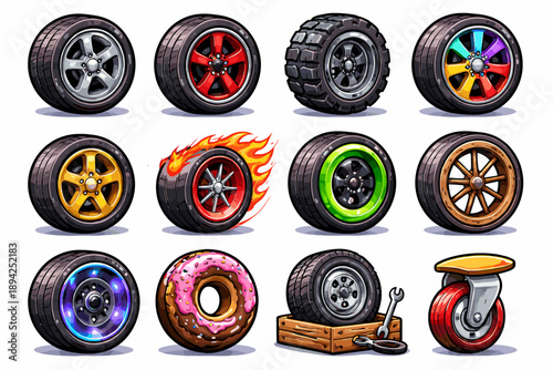Colorful and unique car wheels collection with creative designs