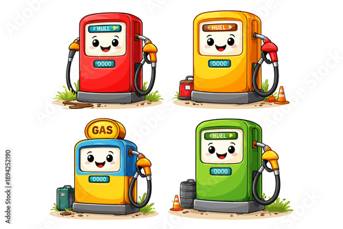 Cute cartoon gas pumps in red, yellow, blue, and green with happy faces