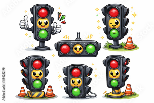 Cute traffic light characters with expressive faces in various poses