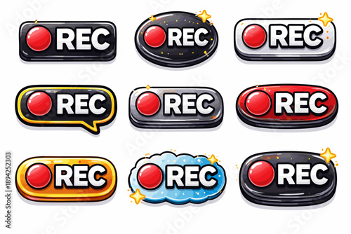 Set of cartoon rec buttons with red record icons on various backgrounds
