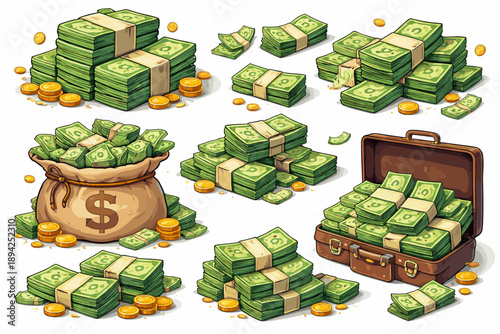 Stacks of cash and coins: wealth, money bags, and briefcase filled with currency