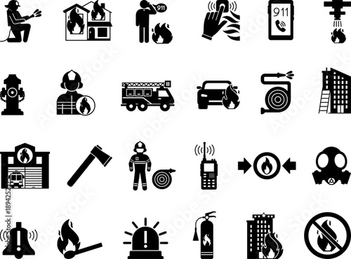 Glyph Firefighter Icons. Vector Illustrations: Fire, Alarm, Fireman, Sprinkler, Hose, Fire Truck, 911 Call, Radio, Fire Extinguisher, Match, and More