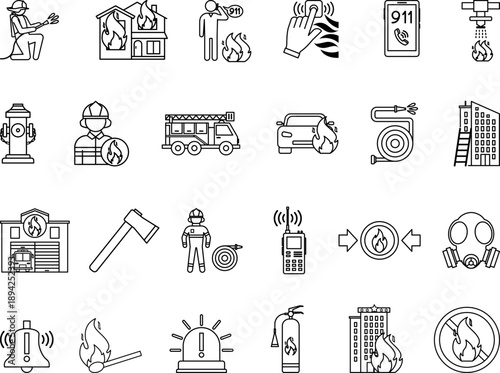 Line Firefighter Icons. Vector Illustrations: Fire, Alarm, Fireman, Sprinkler, Hose, Fire Truck, 911 Call, Radio, Fire Extinguisher, Match, and More