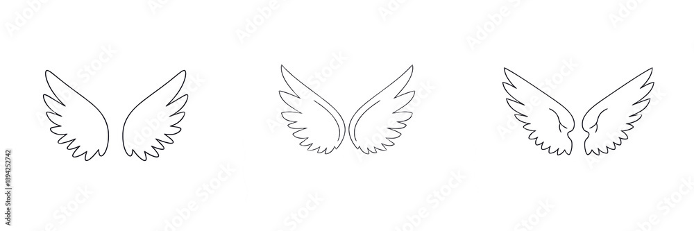 Obraz premium Minimalist outline wings isolated on white background, simple linear wing design for modern art, graphic design, logo, illustration and minimal fantasy or angelic concept with clean style