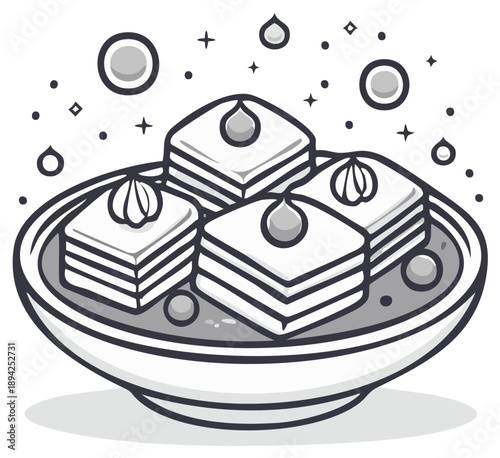 Delicious layered pastry squares topped with nuts and syrup served in a bowl