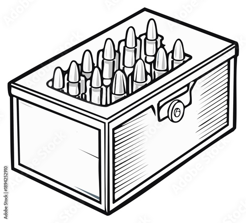 Box filled with ammunition cartridges for firearms illustration